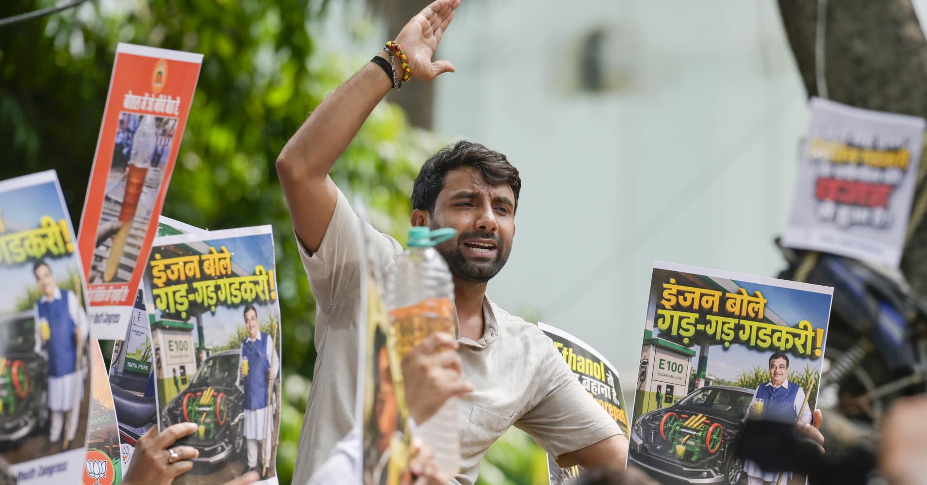 NEW DELHI, INDIA - JULY 10: Indian Youth Congress members raise slogans during a protest against Union Minister Nitin Gadkari over the issue of ethanol-blended petrol at Raisina Road, on July 10, 2026 in New Delhi, India. Indian Youth Congress (IYC) on Friday staged a protest against the E20 ethanol-blended petrol policy, accusing the Centre of pushing a measure that allegedly harms vehicles and benefits ethanol manufacturers.