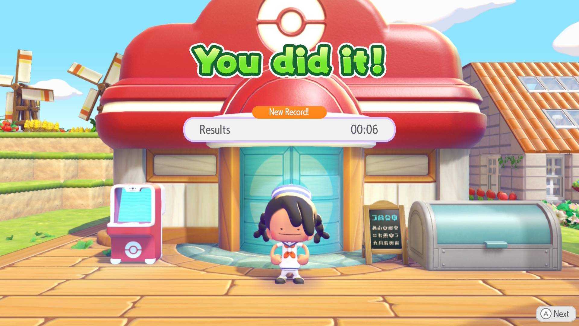 Celebrating a new record in the hide and sneak contest in Pokemon Pokopia.