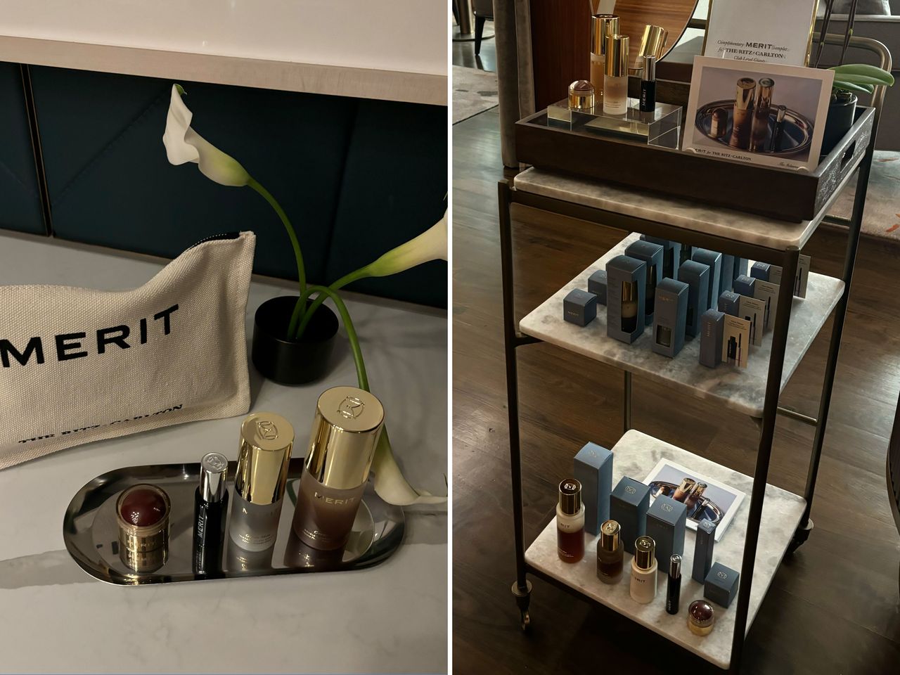 Display of Merit beauty products on a counter and a rolling cart