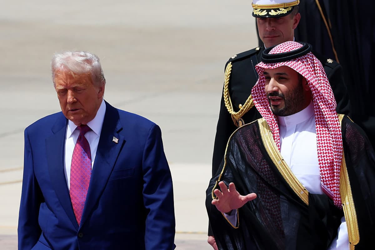 US President Donald Trump is greeted by Saudi Crown Prince Mohammed bin Salman as he arrives at King Khalid International Airport on May 13, 2025, in Riyadh, Saudi Arabia. Trump begins a multi-nation tour of the Gulf region focused on expanding economic ties and reinforcing security cooperation with key U.S. allies. (Photo by Win McNamee/Getty Images)