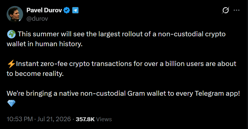 Pavel Durov Announces 'Largest Rollout' of Non-Custodial Crypto Wallets for Over 1 Billion Telegram Users—GRAM Token Lifts 7%