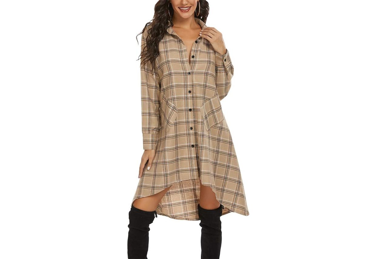 olrain Plaids V Neck Long Sleeve Irregular Hem Casual Shirt Dress