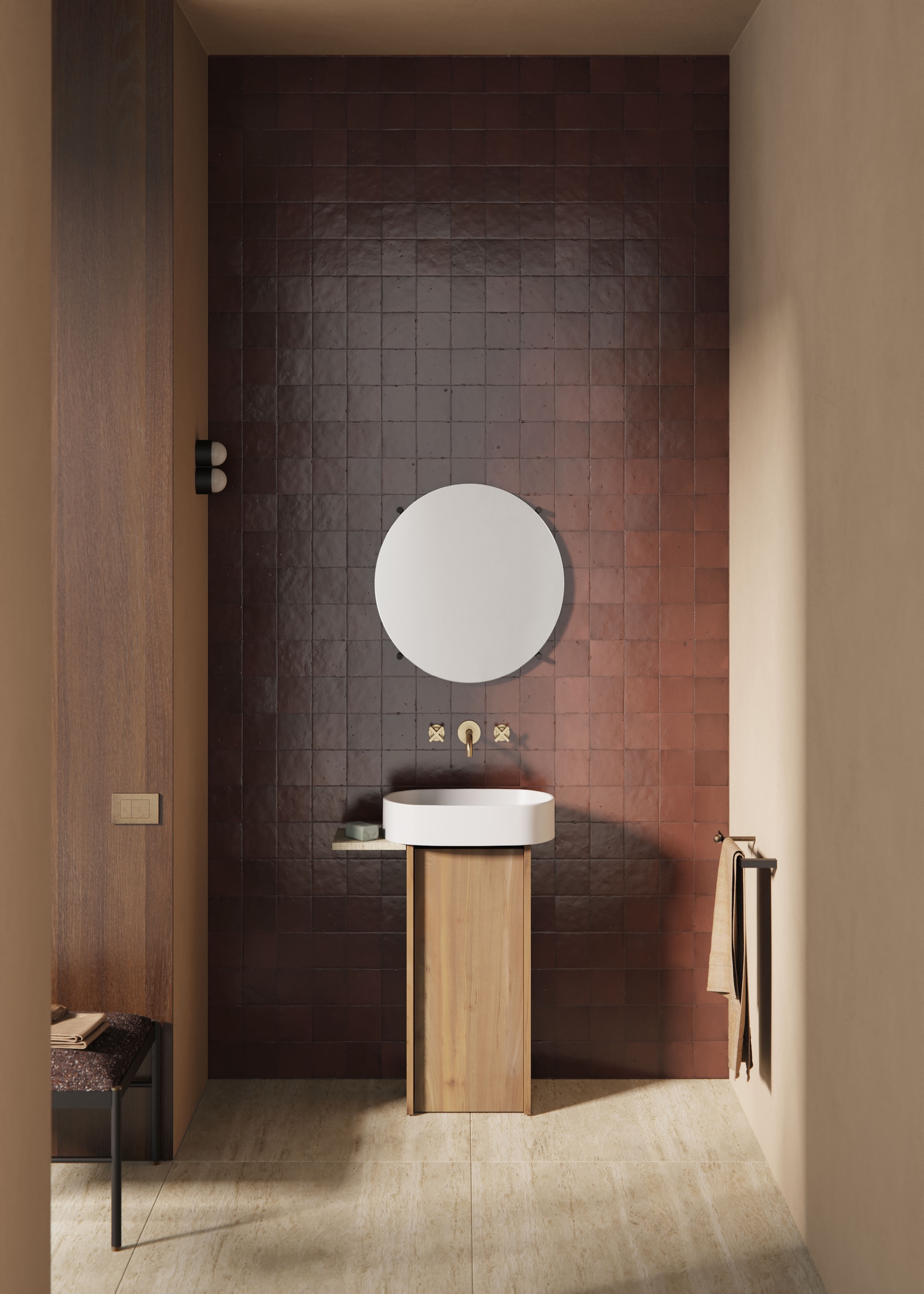 A contemporary bathroom shown with rich brown tiles, warm neutral walls and flooring and a modern vanity basin