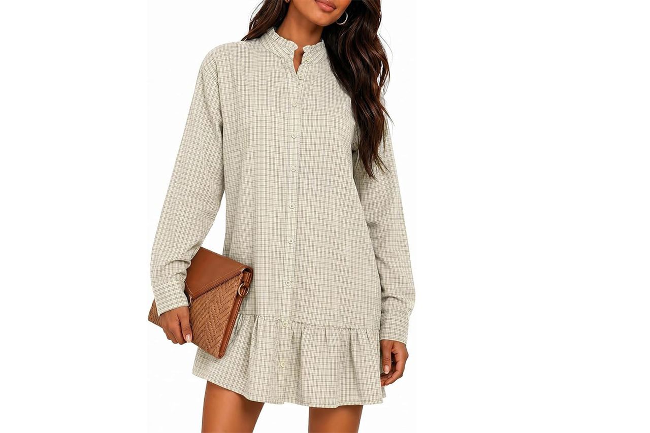 Wenrine Long Sleeve Shirt Dress Plaid Button Down Loose Mini Dress