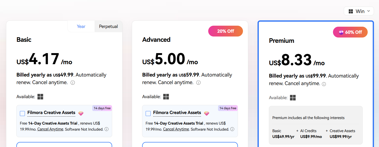 Filmora pricing