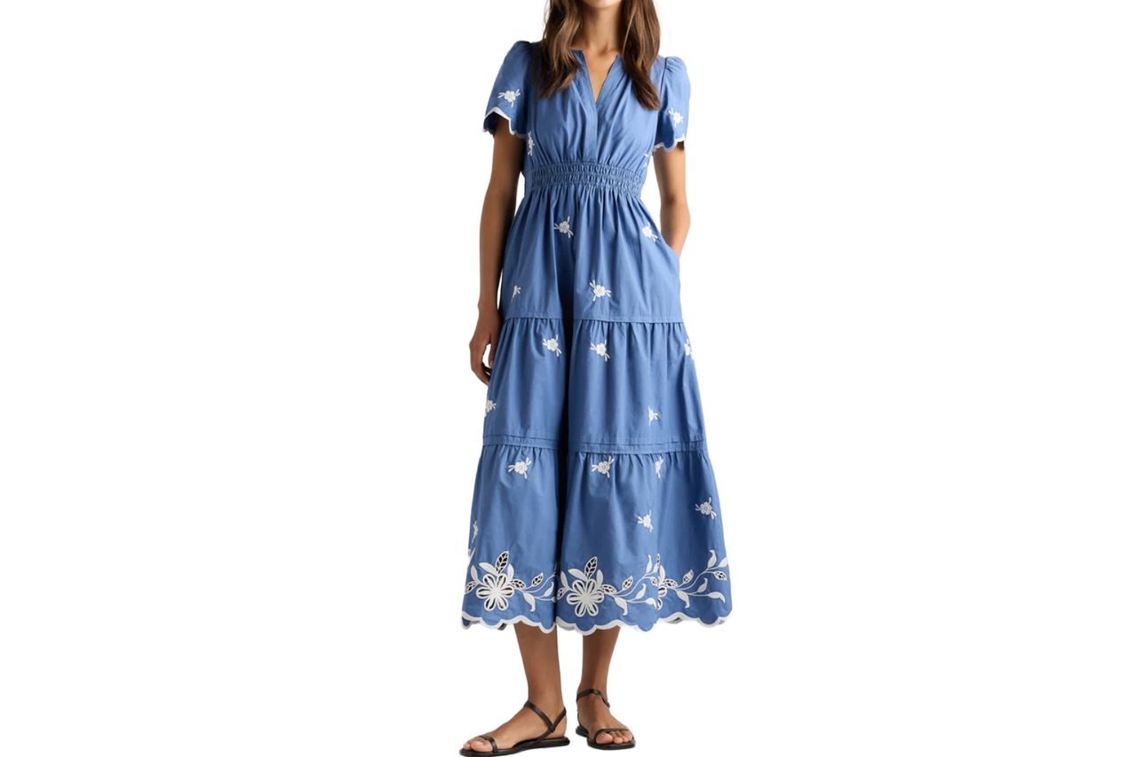 100% Organic Cotton Poplin Embroidered Tiered Maxi Dress