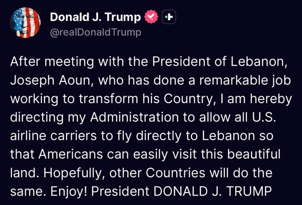 Trump Allows US Airlines to Fly Directly to Lebanon Following White House Talks With Joseph Aoun