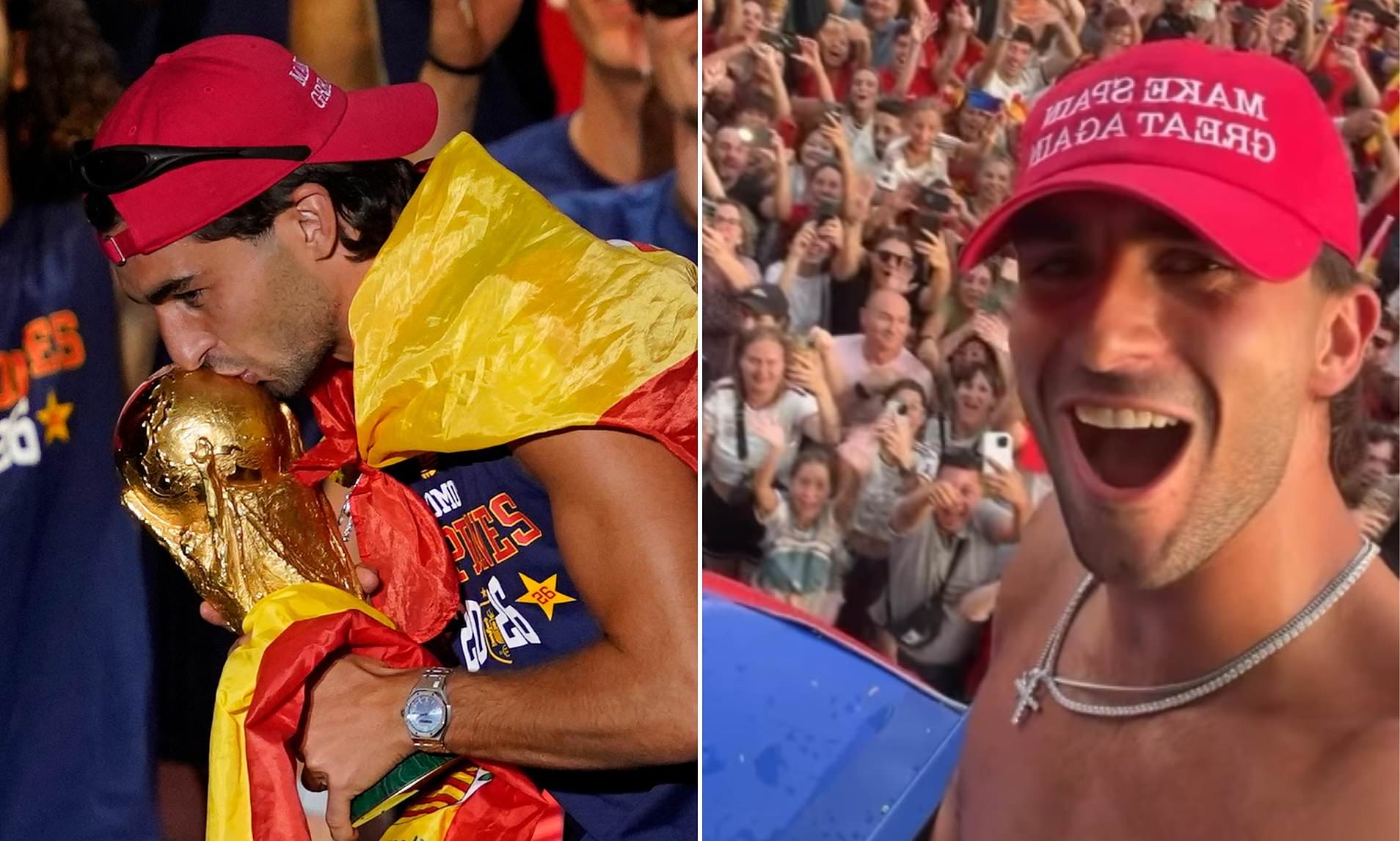 World Cup hero Ferran Torres dons 'Make Spain Great Again' cap during victory parade
