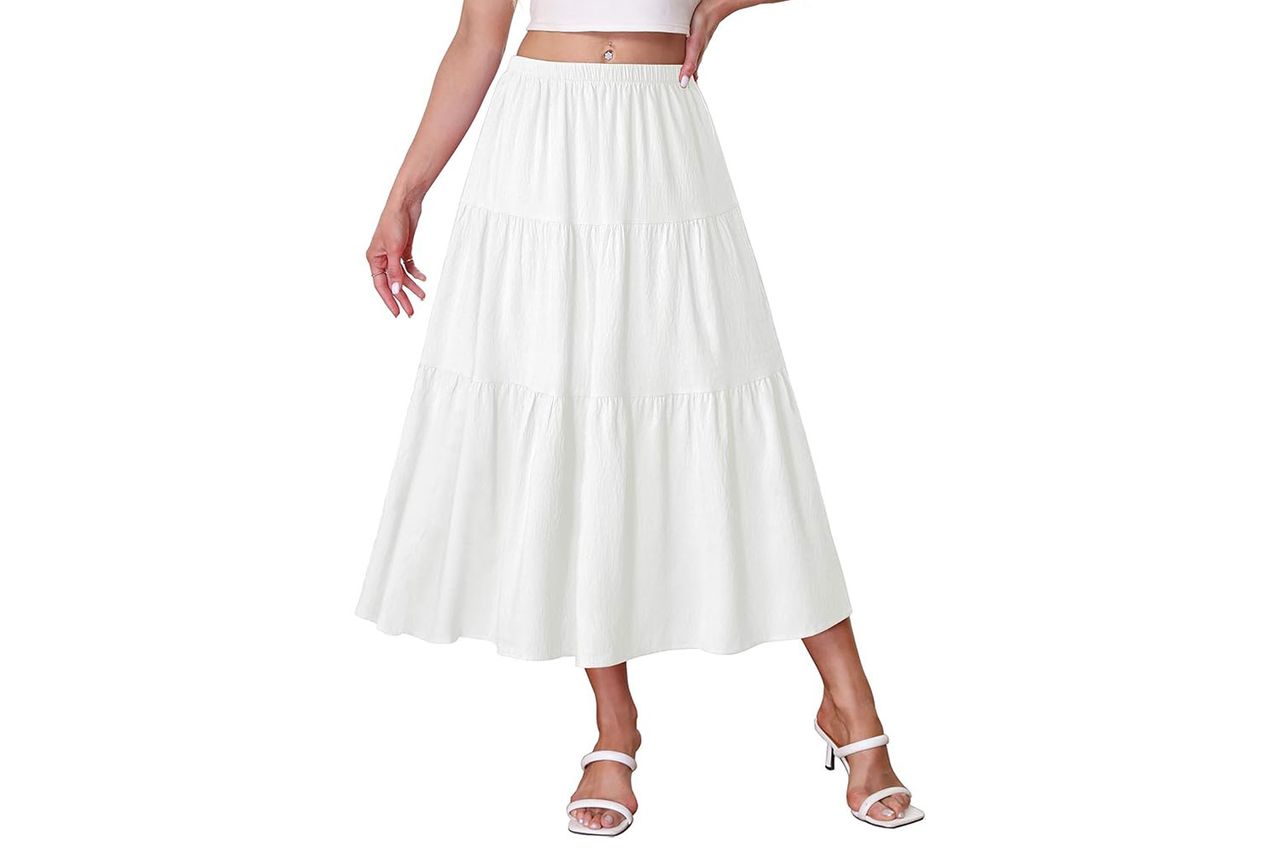 Kingfancy Women's Boho Midi Skirt A-Line Ruffle Elastic High Waist Tiered Flowy Skirts