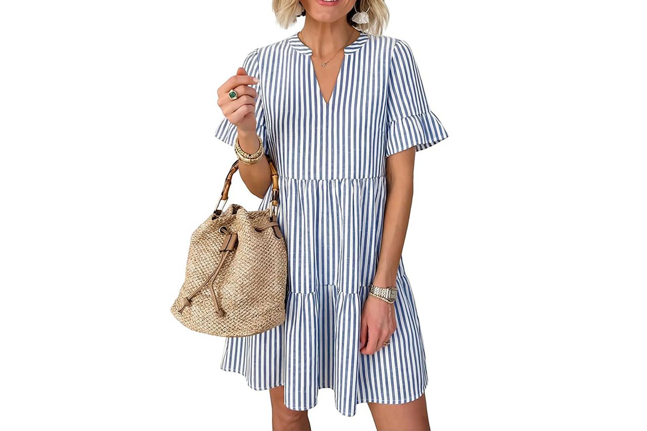 Caracilia Dresses for Women Summer 2026 Striped V Neck Ruffle Sleeve A Line Tiered Flowy Casual Mini Beach Dress with Pockets