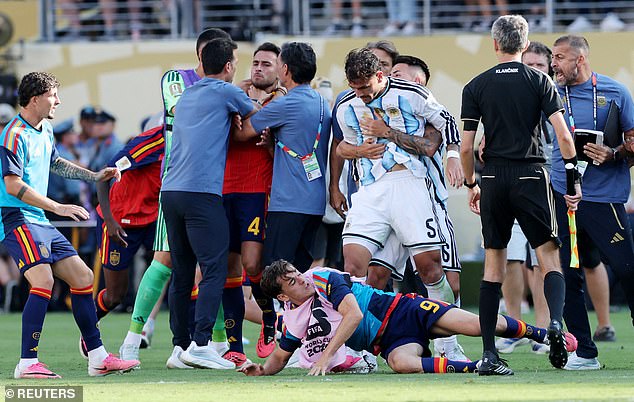 Gavi (No 9) leapt to the defence of Leandro Paredes despite their post-World Cup final clash