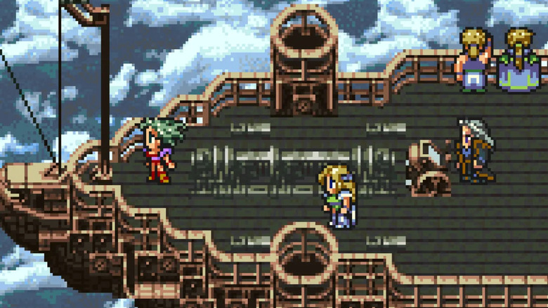 Terra and her friends ride a sky ship in Final Fantasy VI