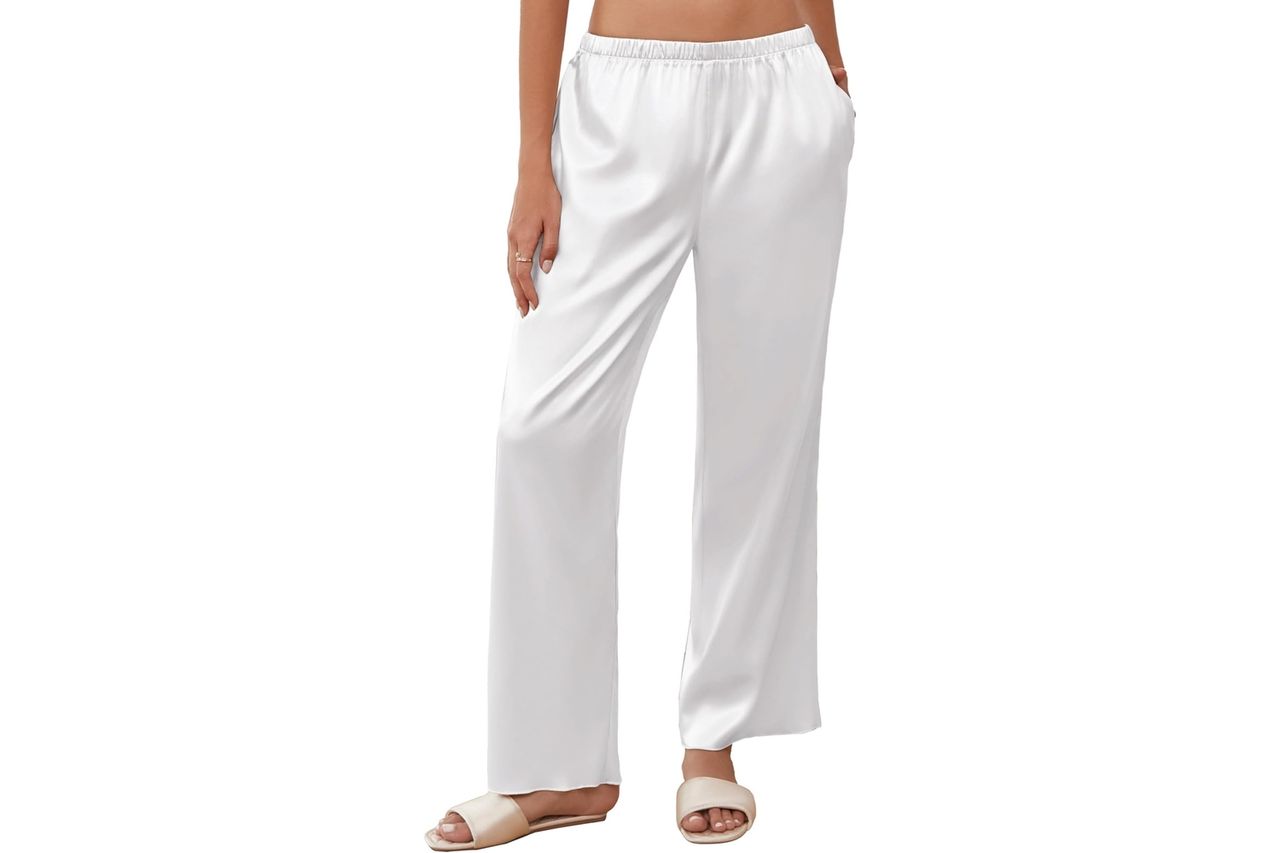 Ekouaer Womens Silk Satin Wide Leg Pajama Sleep Pants Casual Loose Soft Lounge Pants Elastic Waist Pj Bottoms with Pockets