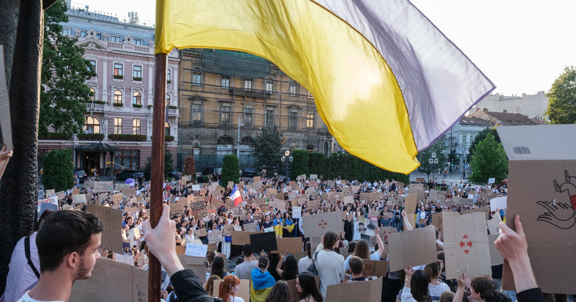 For the fifth day in a row activists with banners and flags protest against the resignation of Ukrainian Defence minister Mykhailo Fedorov during a rally near the monument to Ukrainian poet Taras Shevchenko on July 20, 2026 in Lviv, Ukraine.