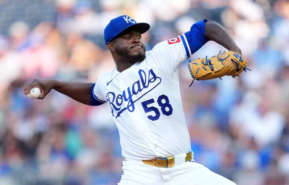 Royals pitcher Luinder Avila delivers against the San Francisco Giants at Kauffman Stadium in Kansas City on Tuesday, July 21, 2026.