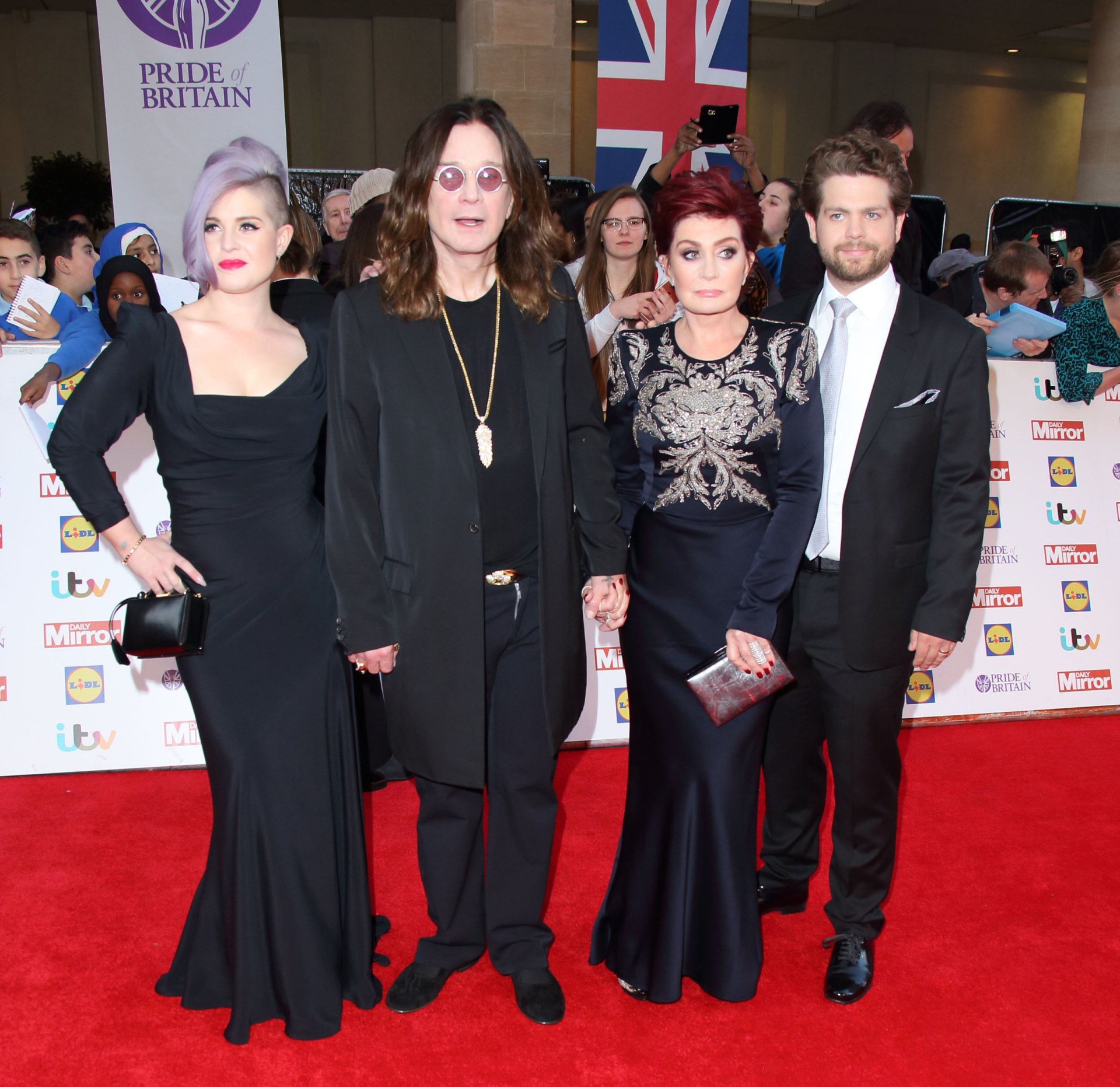 Kelly Osbourne, Ozzy Osbourne, Sharon Osbourne and Jack Osbourne attend the Pride of Britain awards at The Grosvenor House Hotel on September 28, 2015