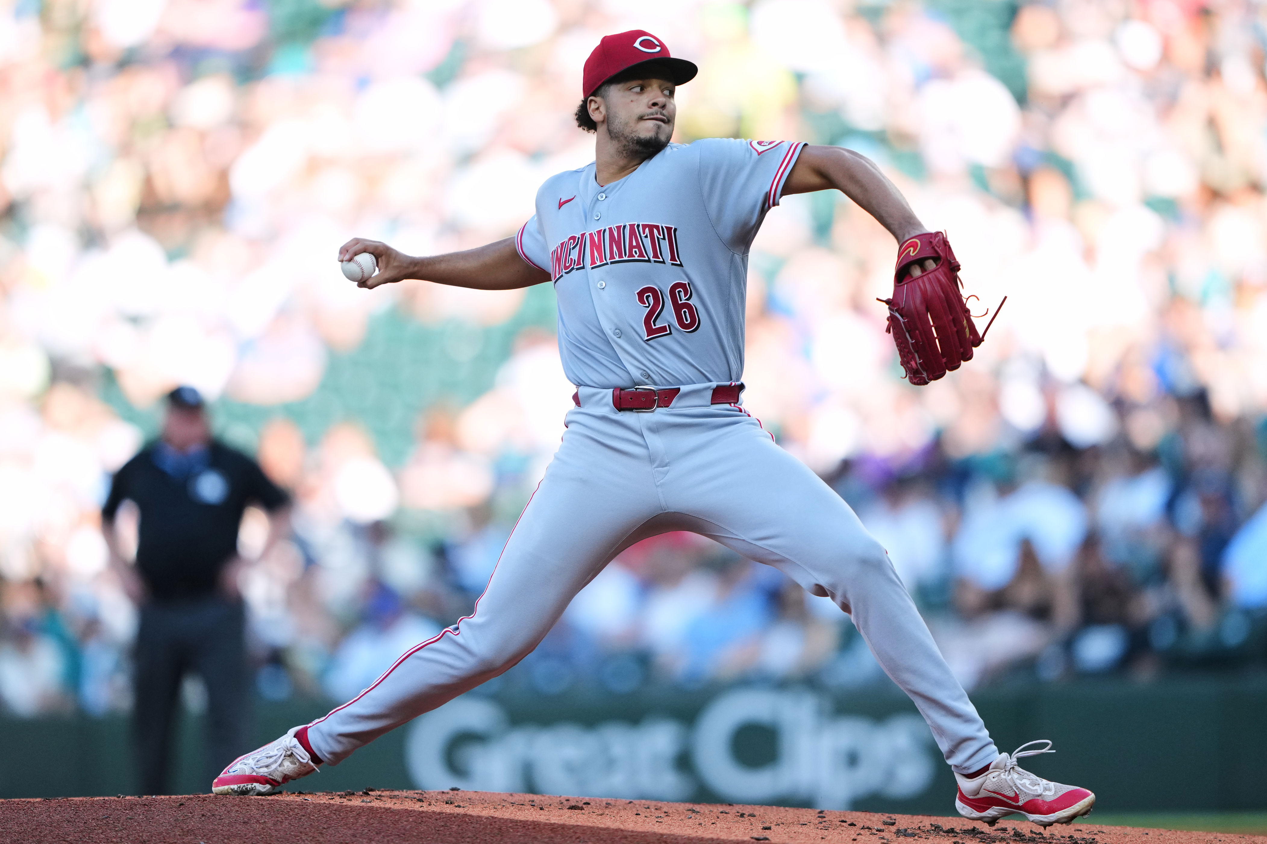 Cincinnati Reds starting pitcher Chase Burns throws against the Seattle Mariners during the first inning of a baseball game, Tuesday, July 21, 2026, in Seattle. (AP Photo/Lindsey Wasson)