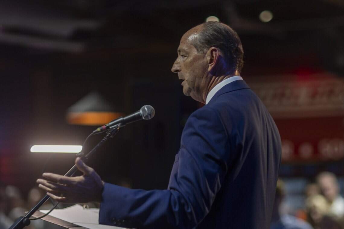 Rocky Adkins speaks about running for Kentucky governor during a campaign launch event at the Burl in Lexington, Ky., on Tuesday, July 21, 2026.
