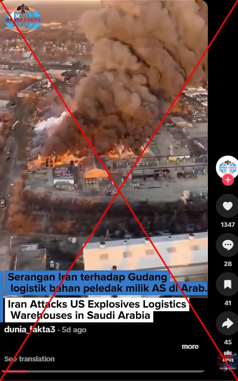 US warehouse blaze clip misrepresented as Middle East war scene