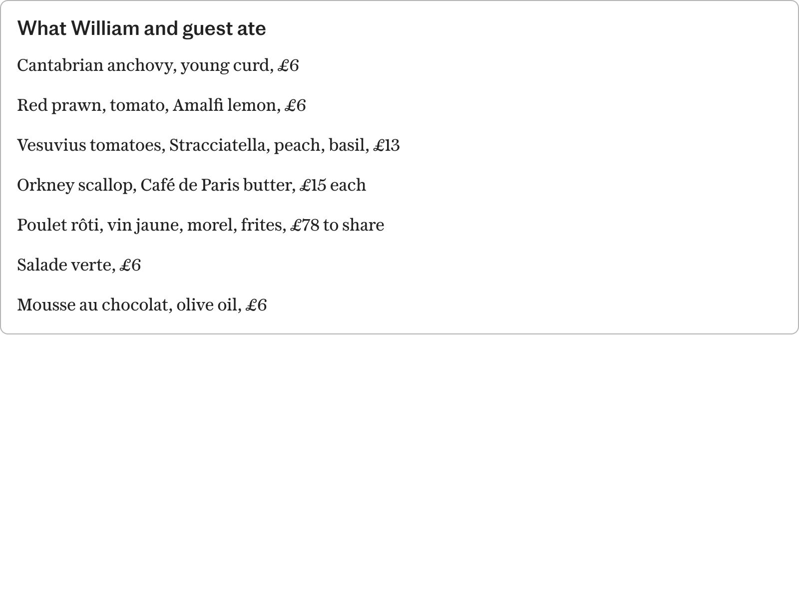 What William and guest ate