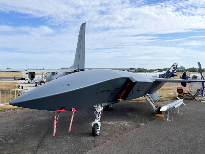 Boeing displays its "Ghost Bat" unmanned combat aircraft at the Farnborough International Airshow, in Hampshire