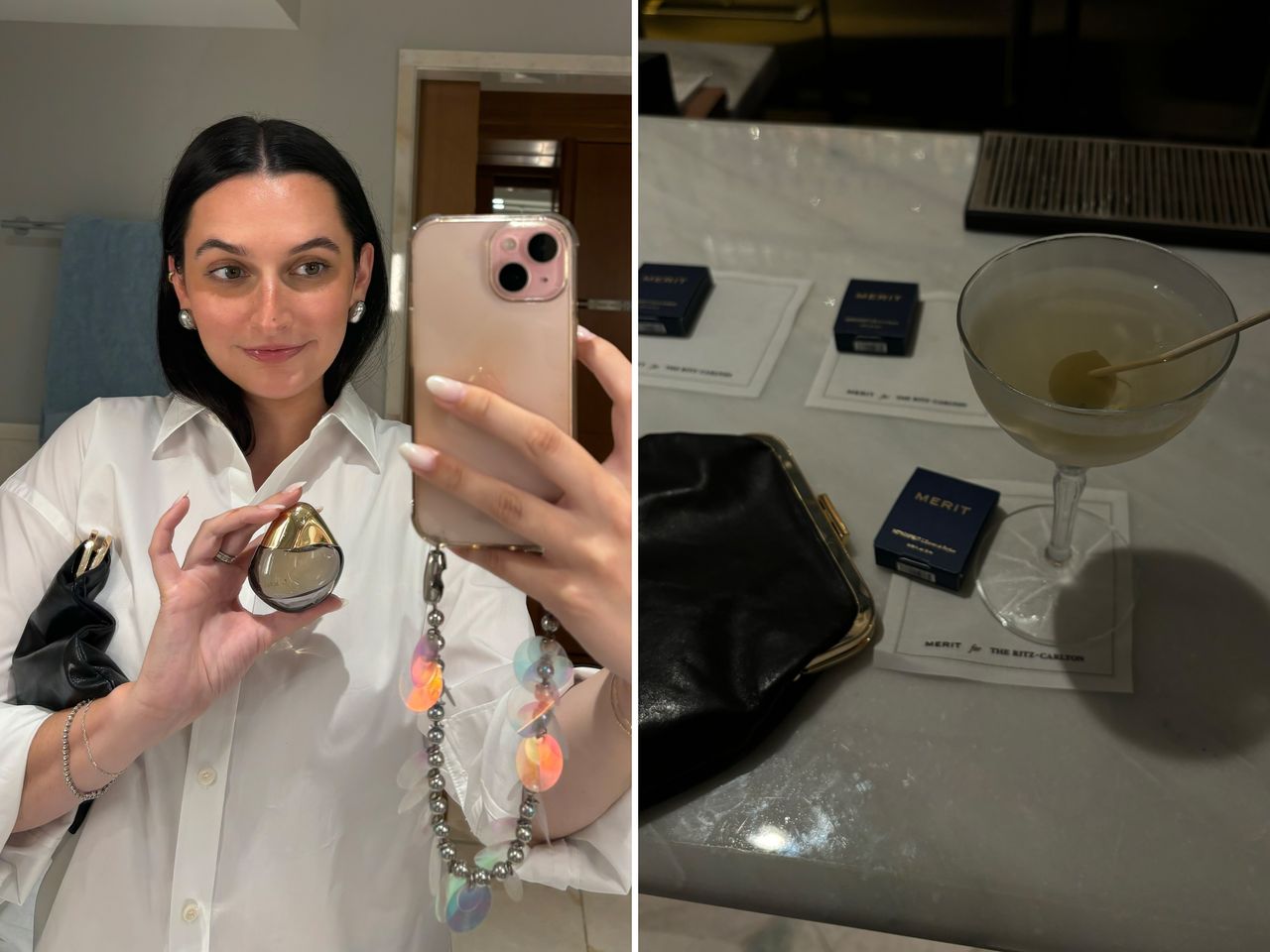 A person takes a selfie holding a perfume bottle and a closeup of a table with a drink and small boxes
