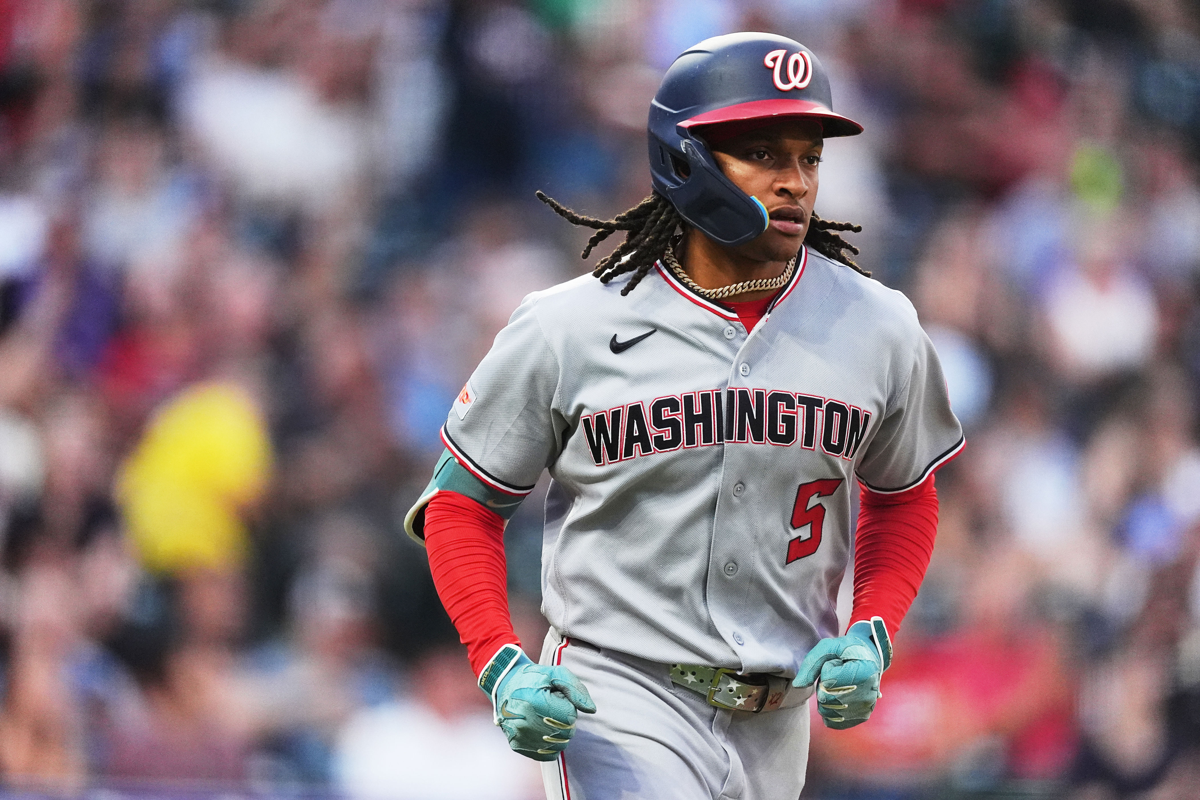 Washington Nationals' CJ Abrams heads up the first-base line after connecting for a two-run home run off Colorado Rockies starting pitcher Michael Lorenzen in the third inning of a baseball game Tuesday, July 21, 2026, in Denver. (AP Photo/David Zalubowski)