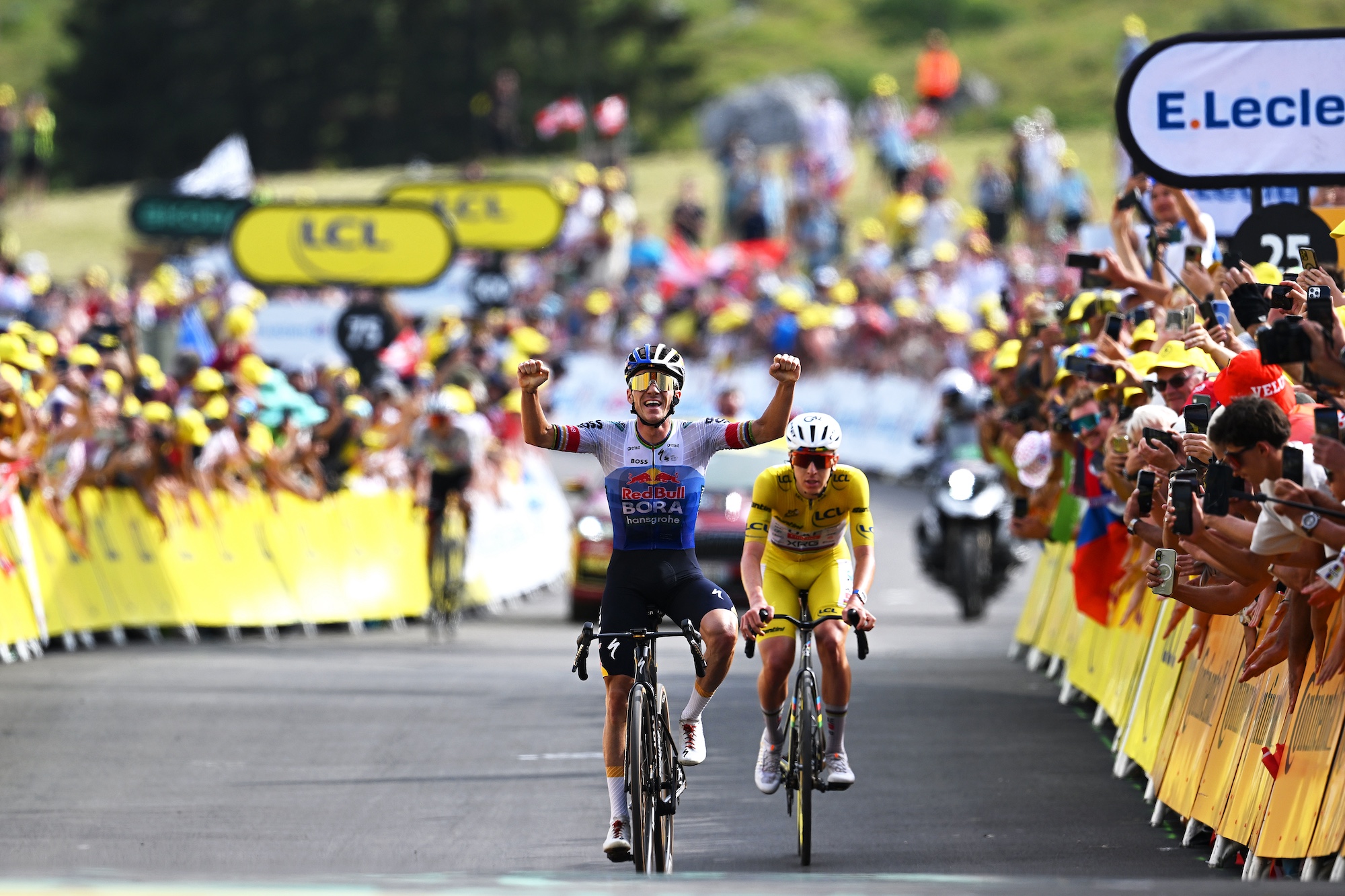 Remco Evenepoel (Red Bull-Bora-Hansgrohe) crosses the line ahead of Tadej Pogačar (UAE Team Emirates-XRG) on stage 16 of the Tour de France 2026 (Photo by Dario Belingheri/Getty Images)