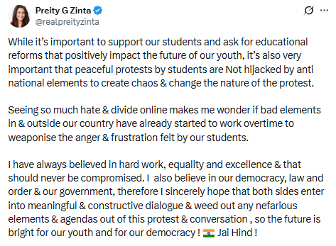 Preity Zinta warns against ‘hijacking' of CJP's students protest, calls for dialogue