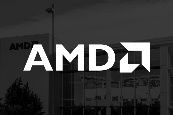 AMD's logo is superimposed on a building.