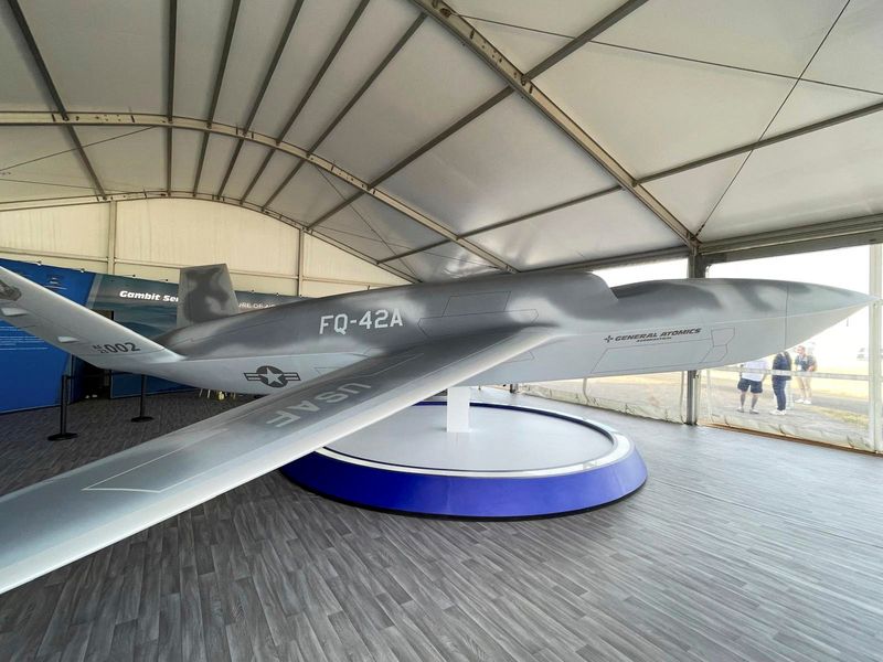 General Atomics displays its unmanned combat aircraft "Dark Merlin" at the Farnborough International Airshow, Hampshire