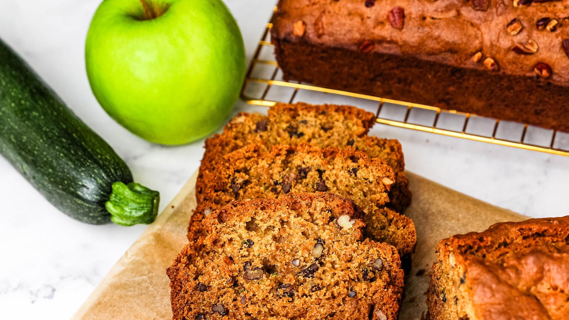 Moist and dense, this zucchini apple pecan bread has a soft, crumbly texture