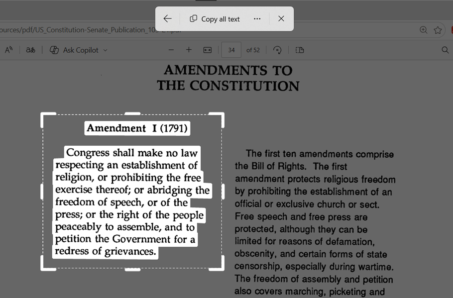 The Windows Text Actions tool is used to select the text from a scanned PDF of Amendments to the Constitution.