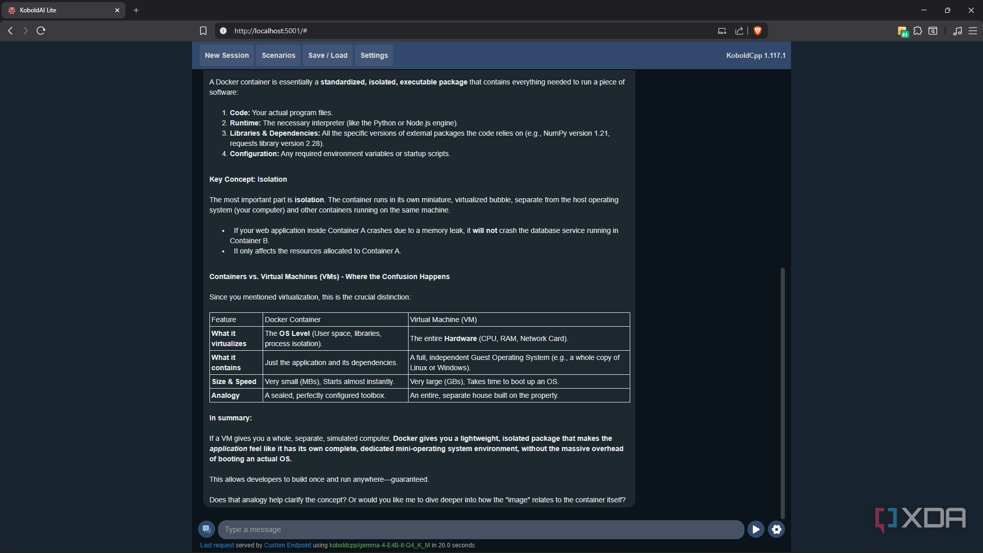 KoboldAI Lite explaining Docker containers with comparison table