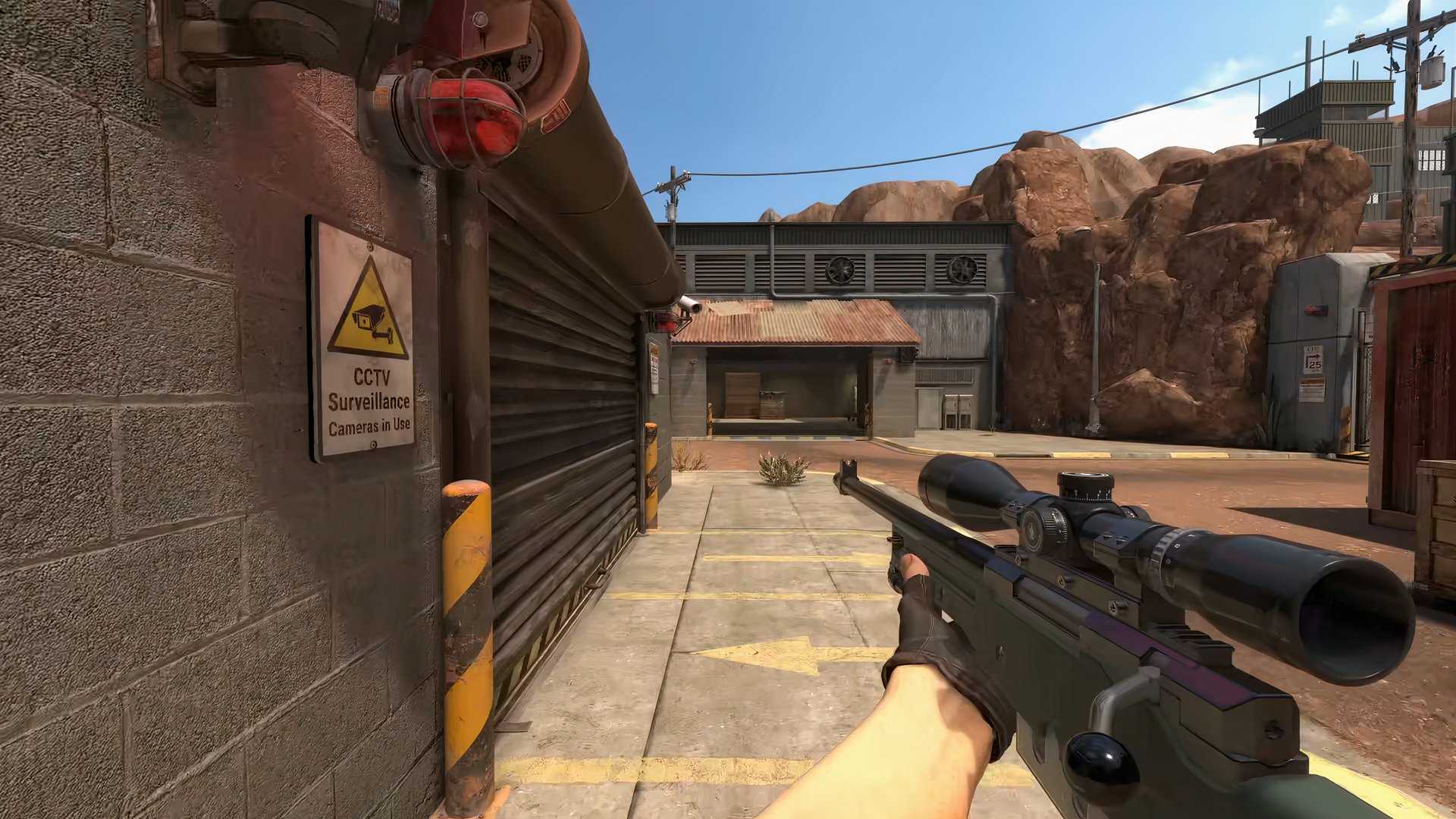 A first-person view in the fanmade game Counter-Strike: Legacy with the player aiming a sniper rifle.