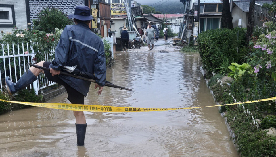 Residential buildings are seen flooded in Asan, South Chungcheong, on July 22, in a photo provided by the city government.