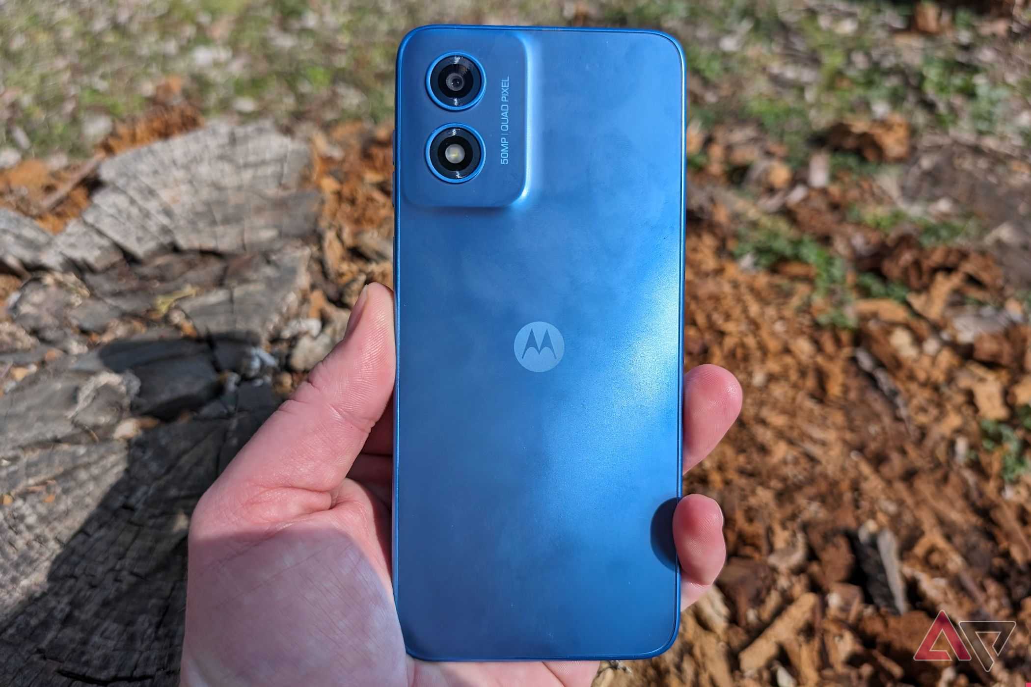 The back of the Motorola Moto G Play (2024) held in a hand