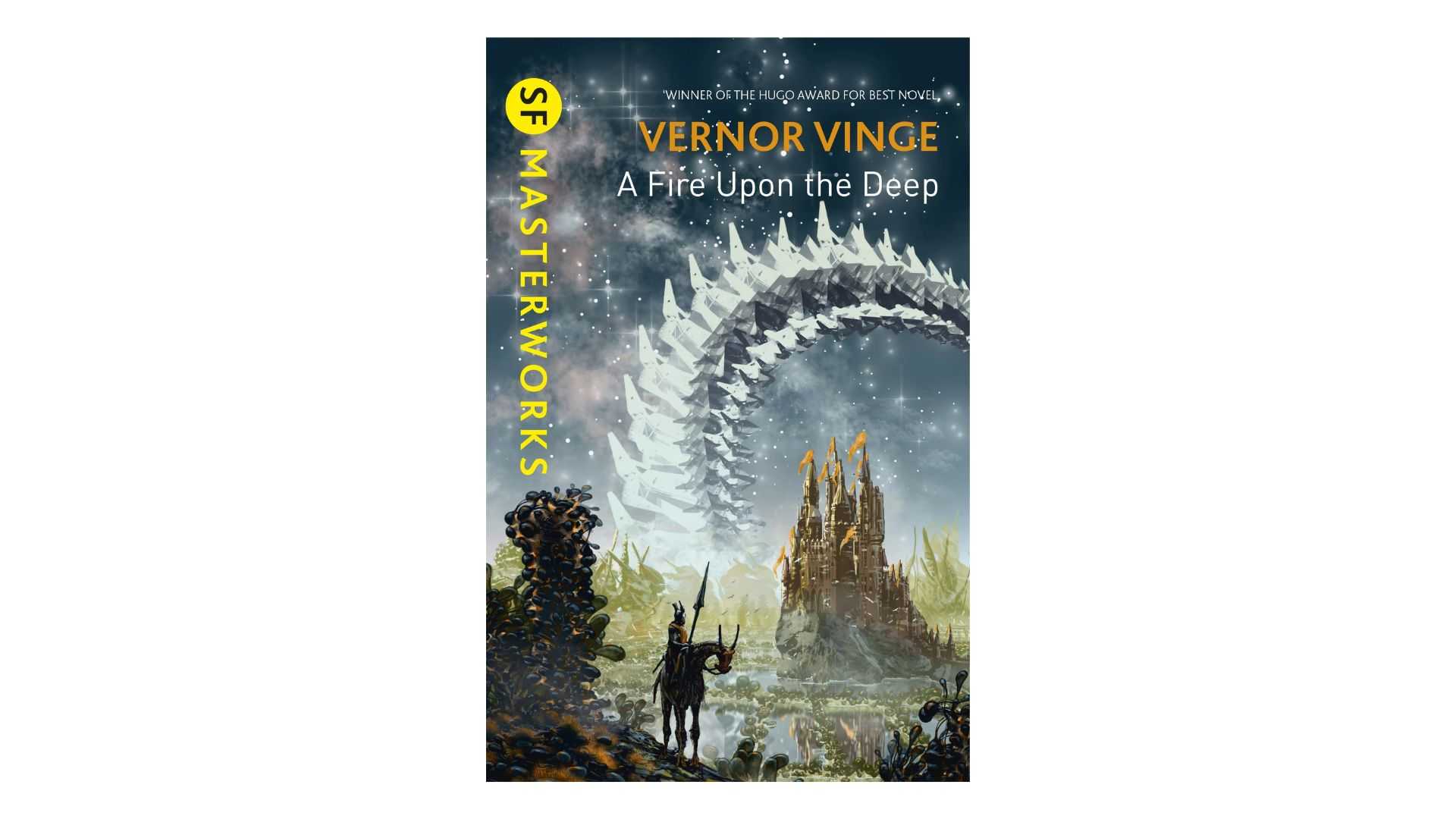 A Fire Upon the Deep by Vernor Vinge book cover on a white background