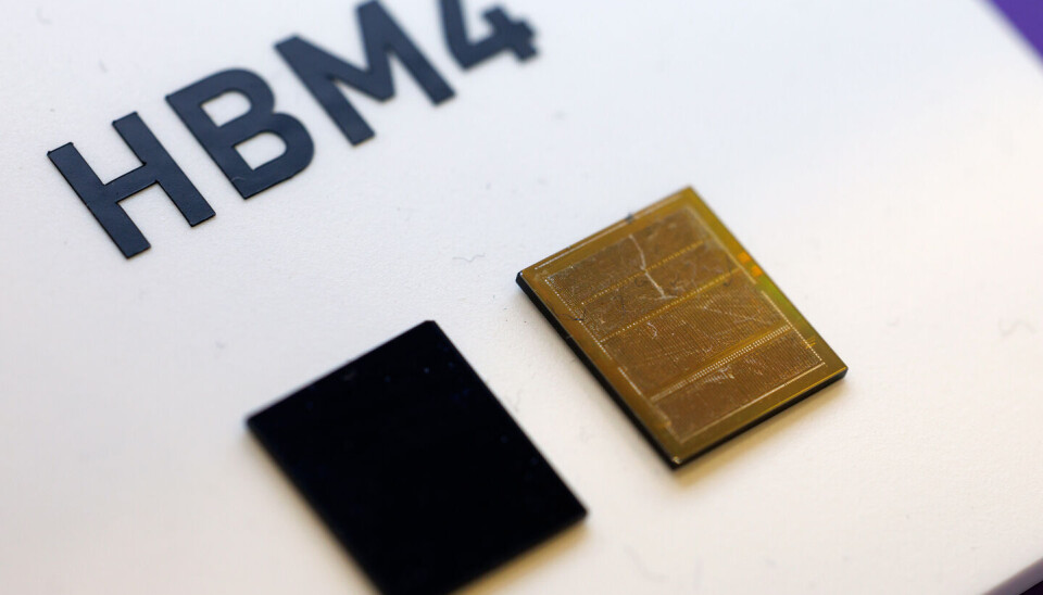 SK hynix's 12-layer HBM4 memory chips on display at the SK AI Summit in Seoul on Nov. 3 [YONHAP]