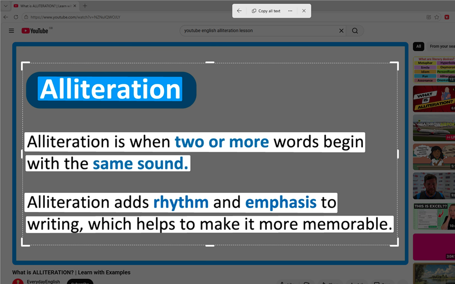 The Windows Text Actions tool is used to select the text from a paused YouTube video.
