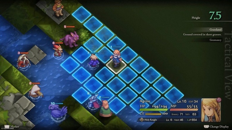 Agrias moves around a grid on a battlefield in Final Fantasy Tactics: The Ivalice Chronicles
