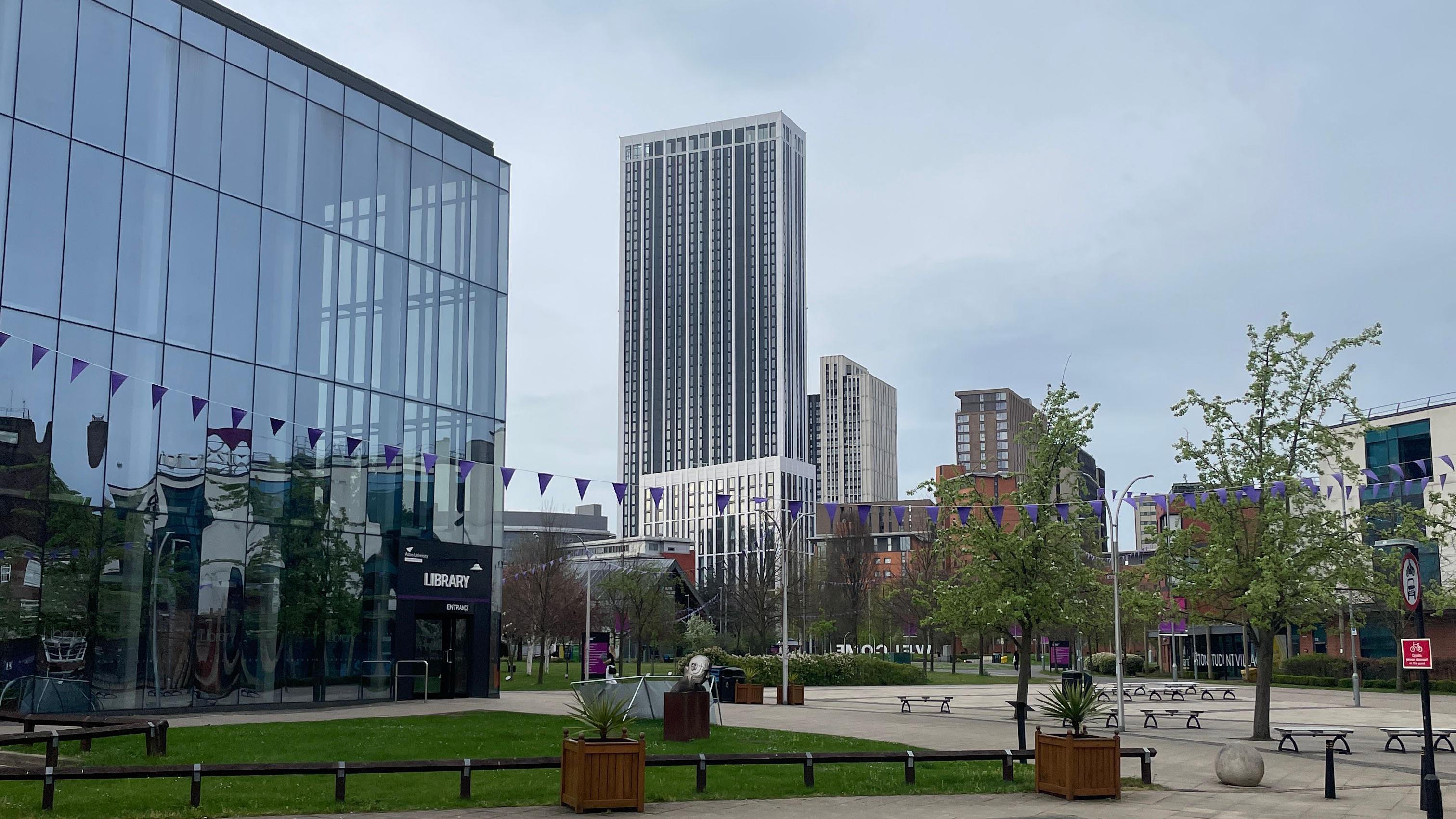 One Eastside looms over Aston University's campus in Birmingham