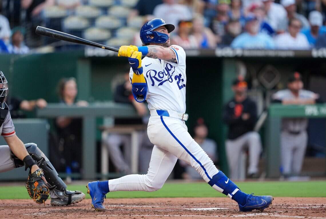 Royals catcher Carter Jensen belts his 14th home run of the 2026 season, turning on a San Francisco Giants pitch during the third inning of a Major League Baseball game at Kauffman Stadium in Kansas City on Tuesday, July 21, 2026.