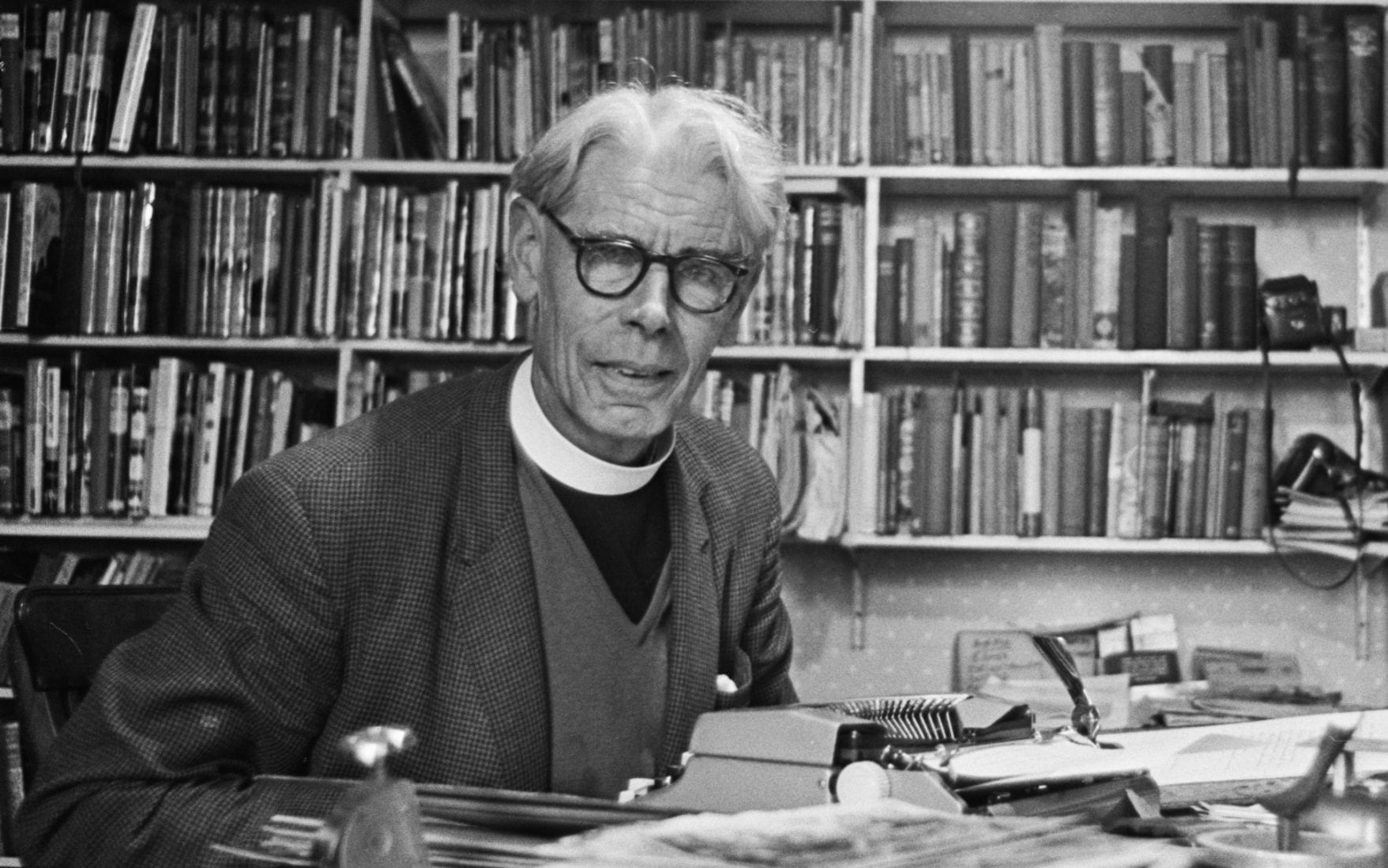 Author of Thomas the Tank Engine Rev Wilbert Awdry sat at a typewriter in his study at home, 1967