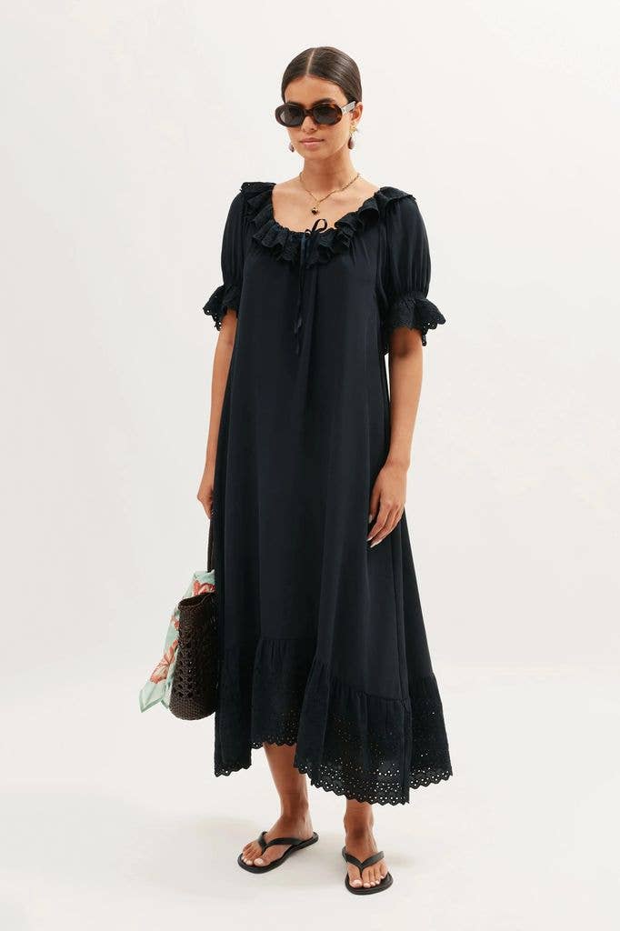 Rixo Aprilia Silk Black Midi Dress
