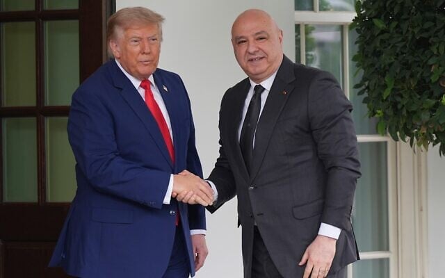 US President Donald Trump greets Lebanon’s President Joseph Aoun upon the latter’s arrival at the White House, July 21, 2026, in Washington. (AP Photo/Julia Demaree Nikhinson)