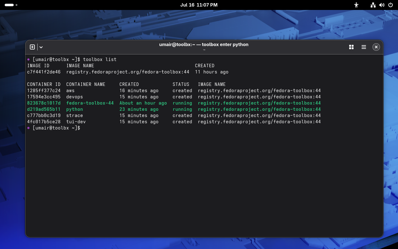Screenshot of list of toolboxes on a Fedora Silverblue