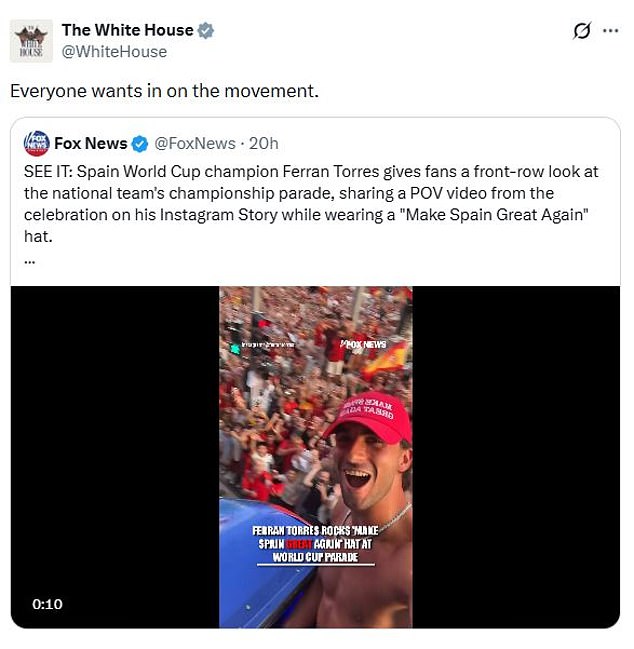 Donald Trump's administration assumed that the Spain striker was positively referencing their own 'Make America Great Again' message