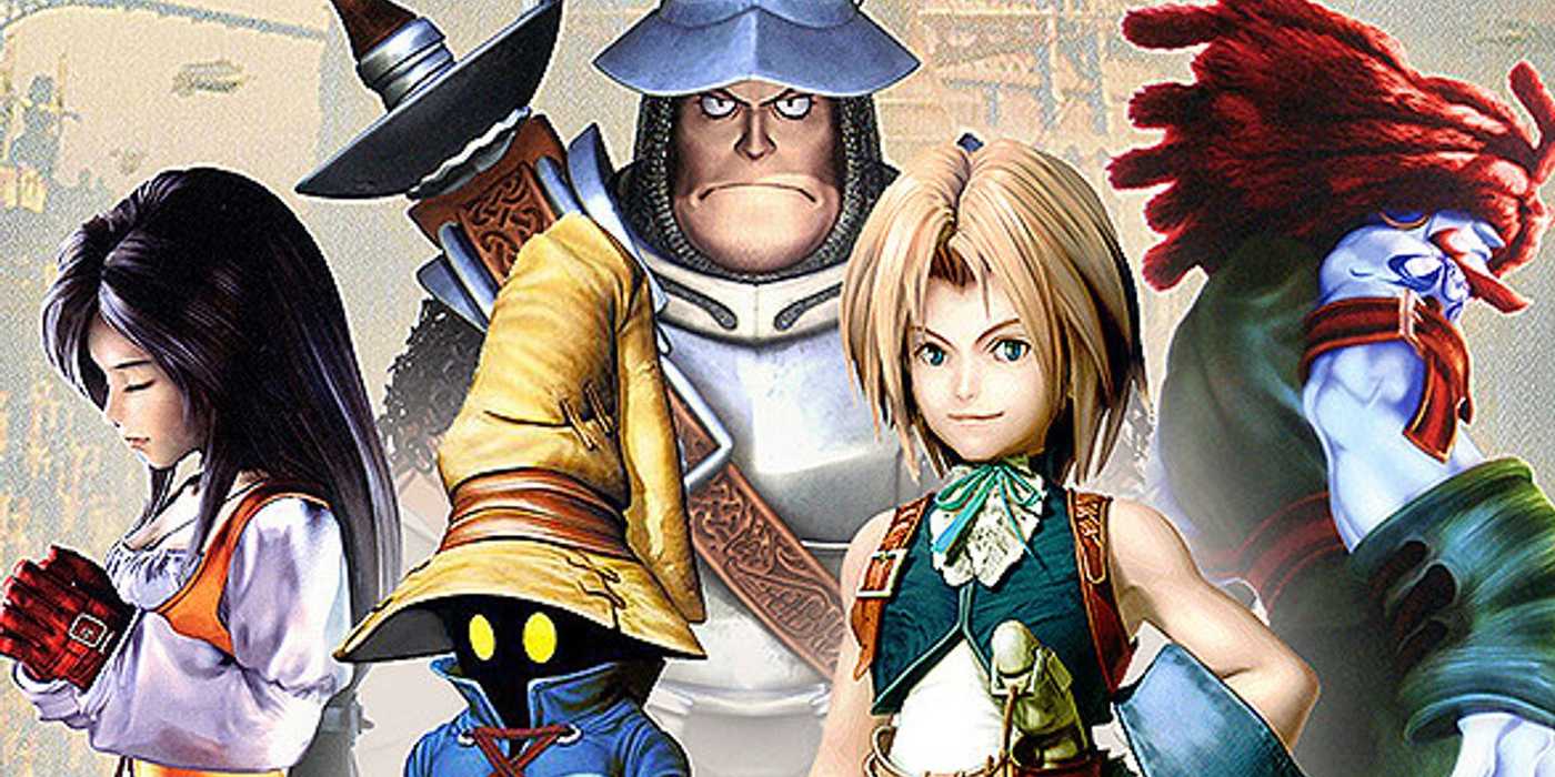 Final Fantasy 9's artwork, featuring the following characters from left to right: Garnet, Vivi, Steiner, Zidane, and Amarant.