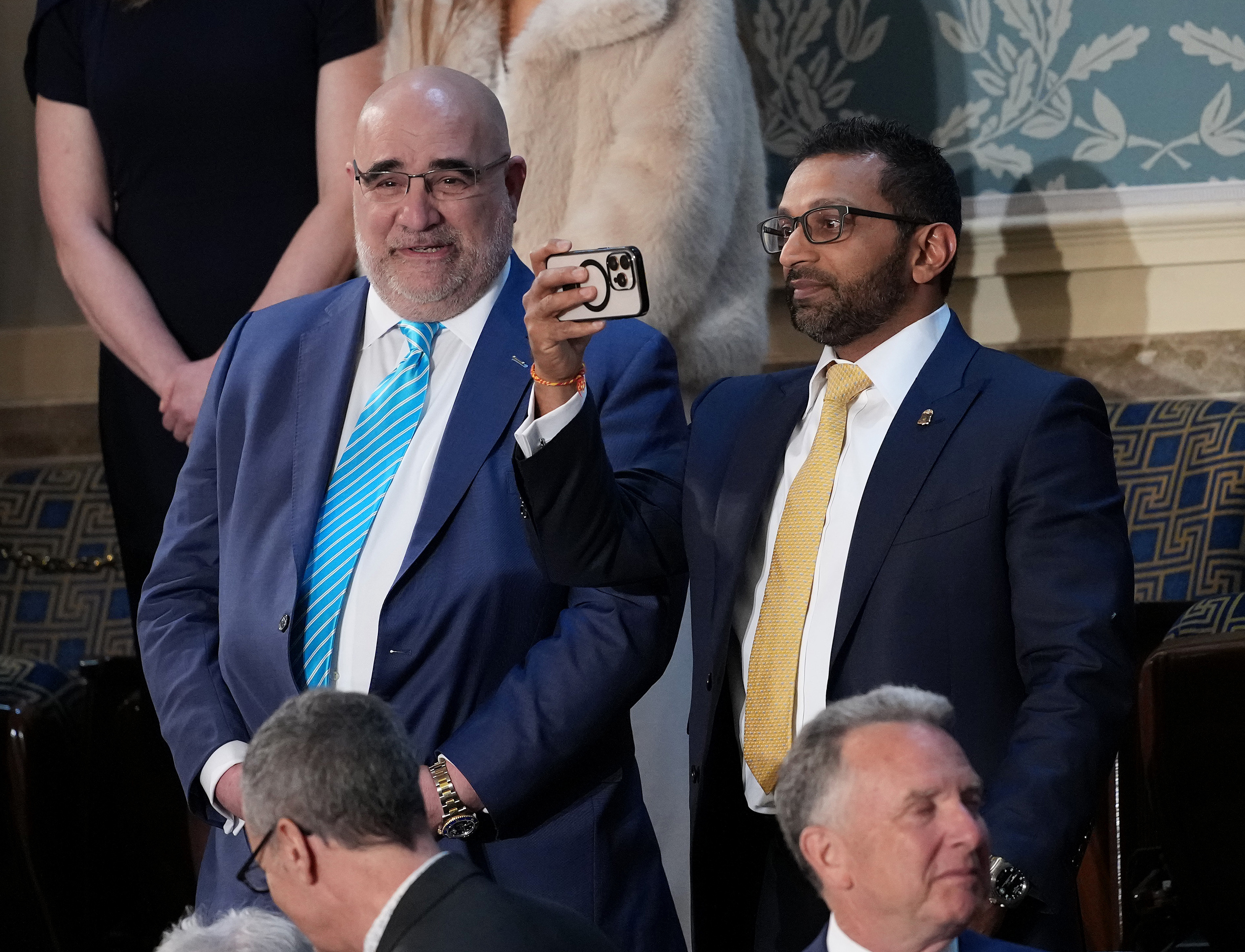 WASHINGTON, DC - MARCH 04: FBI Director Kash Patel (R) takes a picture next to Chris LaCivita ahead of U.S. President Donald Trump's address to a joint session of Congress at the U.S. Capitol on March 04, 2025 in Washington, DC. President Trump was expected to address Congress on his early achievements of his presidency and his upcoming legislative agenda. (Photo by Andrew Harnik/Getty Images)